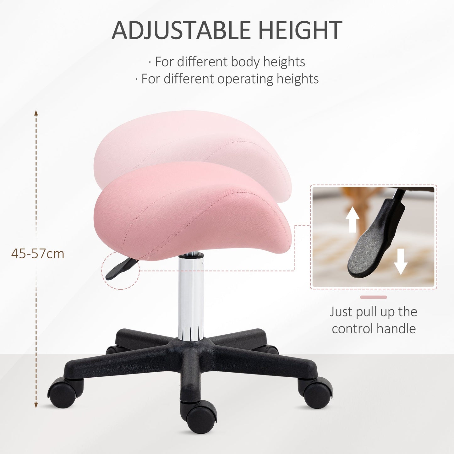 HOMCOM Saddle Stool, PU Leather Adjustable Rolling Salon Chair ze stalową ramą do masażu, spa, urody i tatuażu, różowy