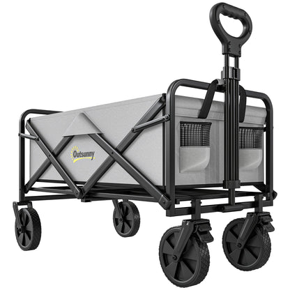 Outsunny Folding Pull Along Cart Cargo Wagon Trolley with Telescopic Handle - Dark Grey