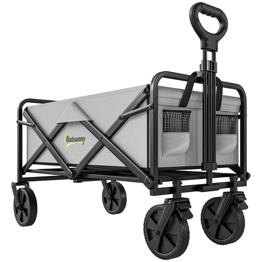 Outsunny Folding Pull Along Cart Cargo Wagon Trolley with Telescopic Handle - Dark Grey