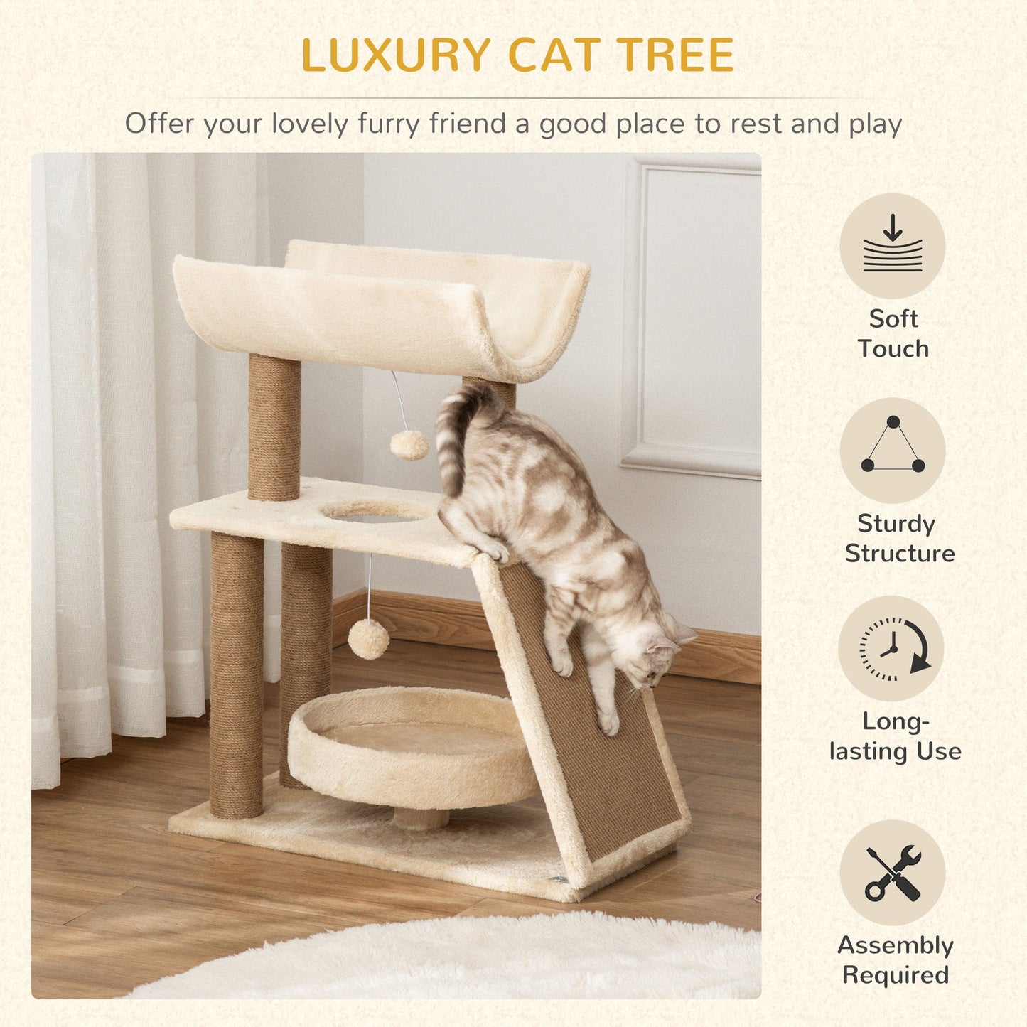 PawHut Cat Tree Tower, with Scratching Posts, Pad, Bed, Perch, Toy Ball - Light Brown