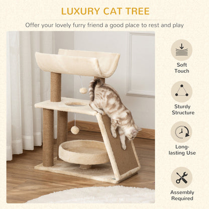 PawHut Cat Tree Tower, with Scratching Posts, Pad, Bed, Perch, Toy Ball - Light Brown