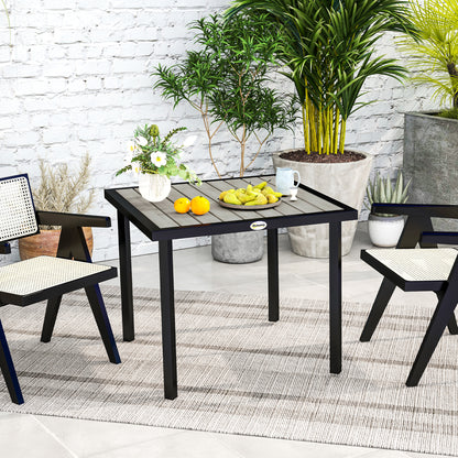 Stół ogrodowy Outsunny Square Garden Dining Table z otworem na parasol 5,4 cm, blatem z listew, metalową ramą, 86 x 86 x 71 cm, jasnoszary