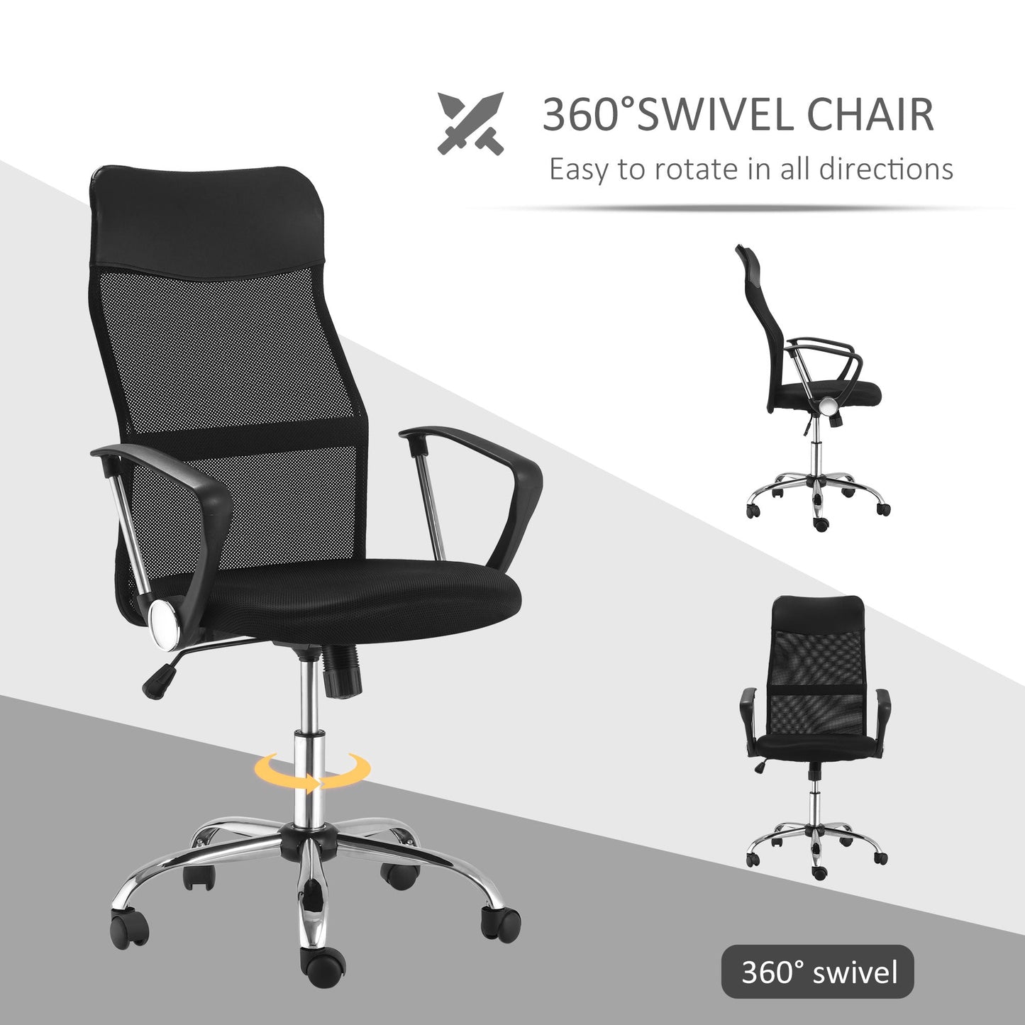HOMCOM Ergonomiczne krzesło biurowe Siatkowe krzesło z regulowaną wysokością i funkcją pochylenia Czarne