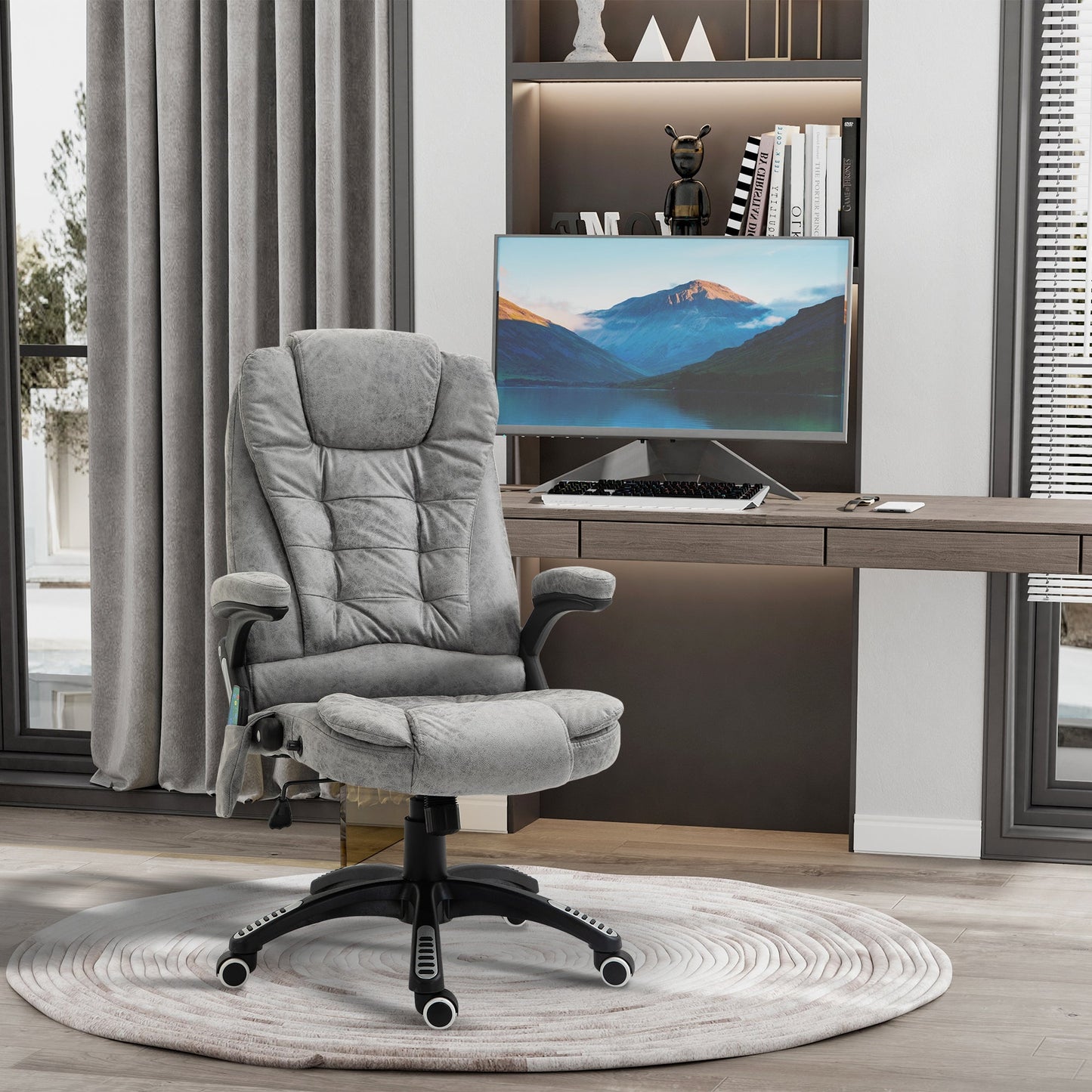 Vinsetto Massage Recliner Chair Heated Office Chair with Six Massage Points Microfiber Cloth 360 Swivel Wheels Grey