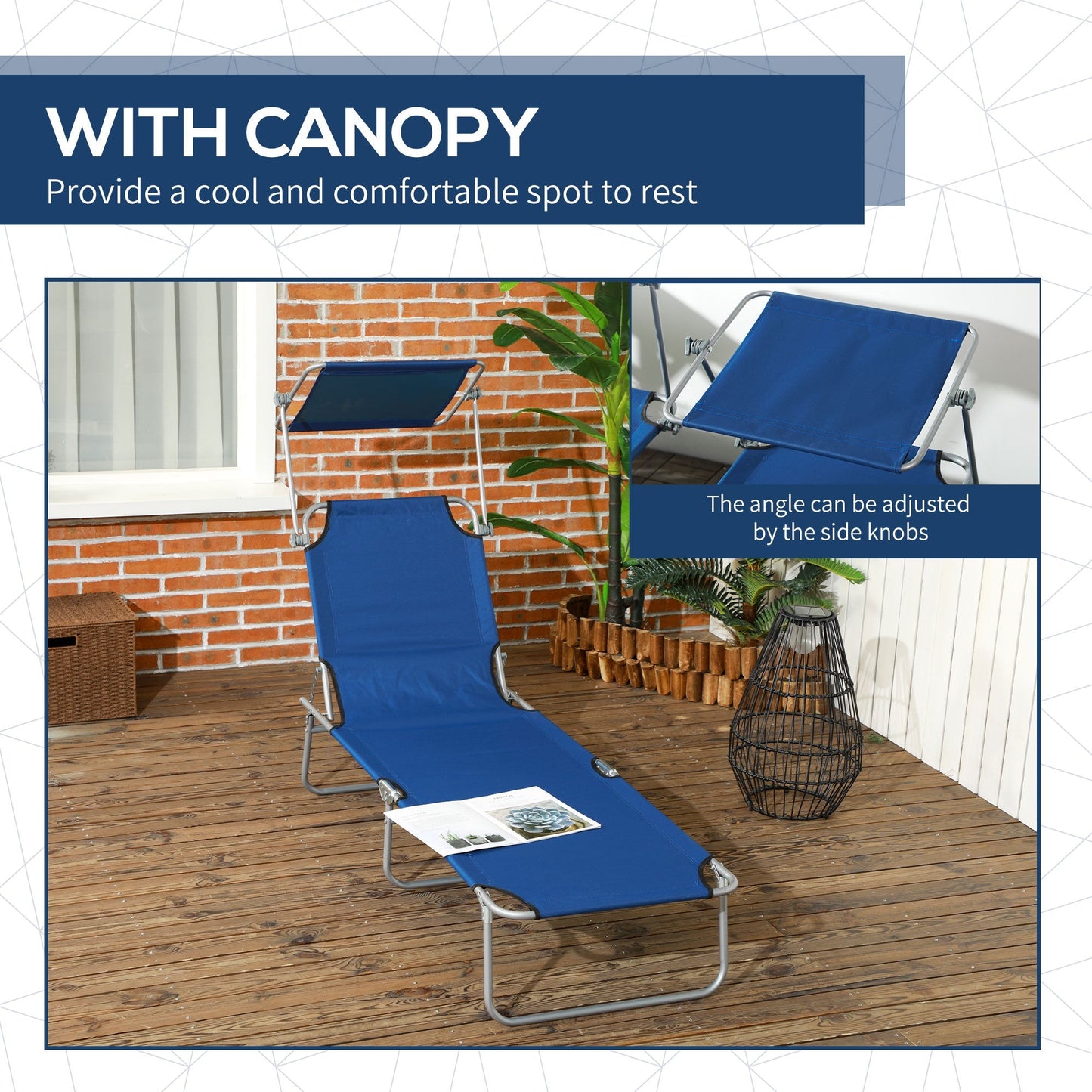 Outsunny Outdoor Foldable Sun Lounger Set of 2Reclining Chair With Angle Adjust Sun Shade Awning for Beach, Garden, Patio, Blue