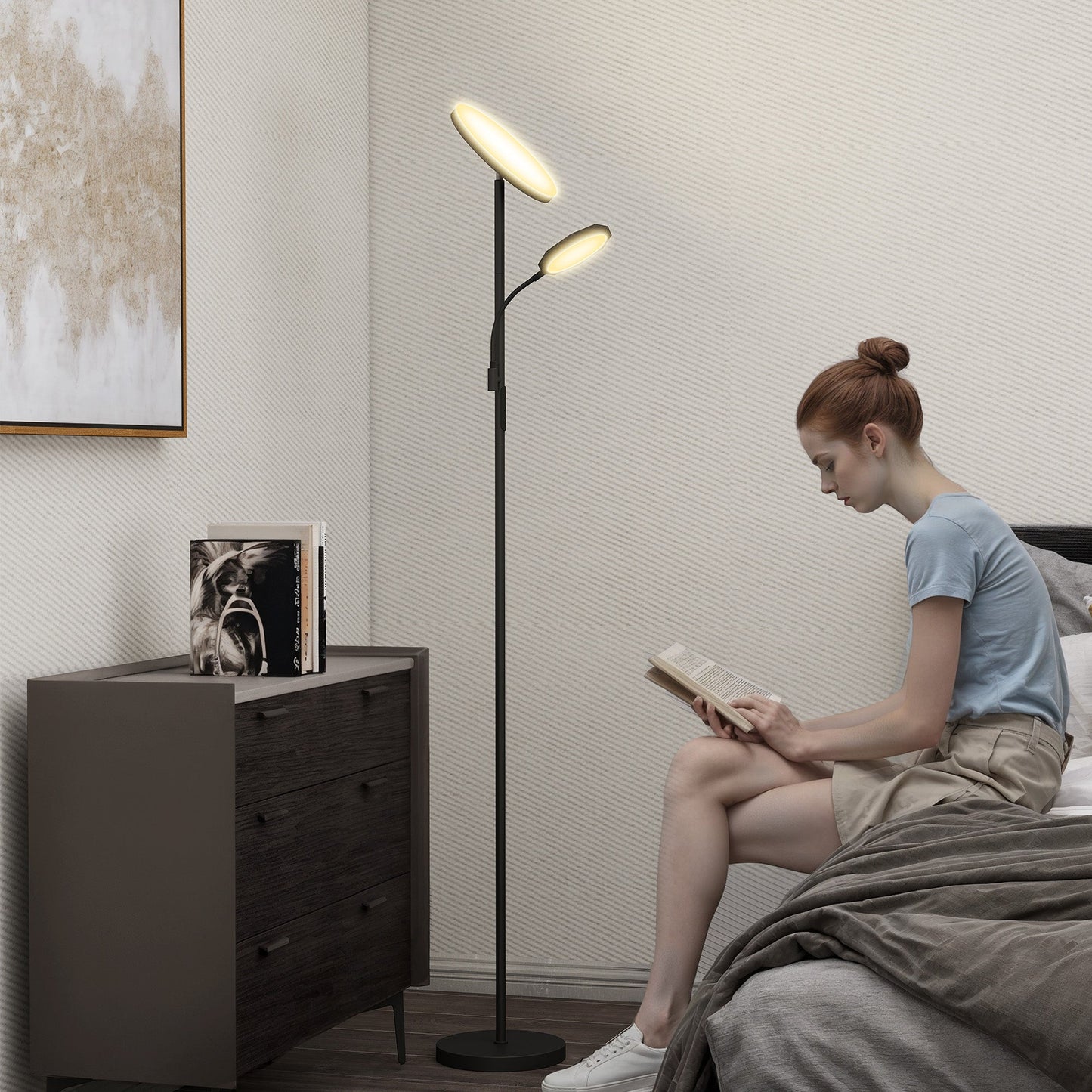 Lampa stojąca HOMCOM LED do salonu, bezstopniowo ściemniana, lampa do czytania dla matki i dziecka, 4 tryby scen, temperatura barwowa 2700K–6500K, 4 poziomy jasności, pilot zdalnego sterowania