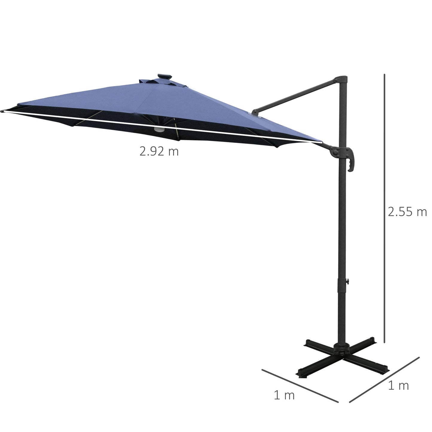 Outsunny 3(m) Cantilever Roma Parasol Garden Sun Umbrella فناء خارجي مع قاعدة متقاطعة من ضوء الشمس LED تدور 360 درجة، أزرق