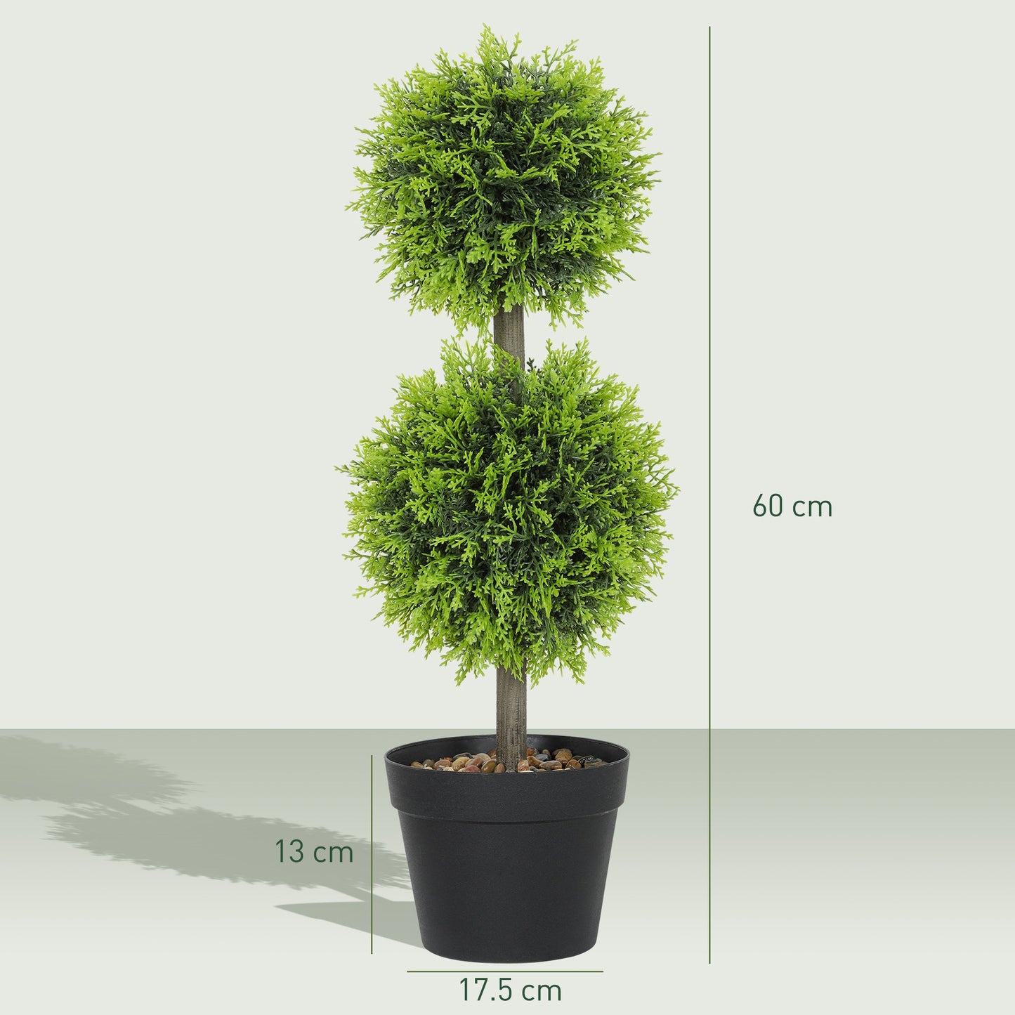 HOMCOM Set of 2 Decorative Artificial Plants, 60cm Faux Topiary Cypress Ball Trees with Plastic Pot and Pebbles, Fake Plants for Home Office Decor, Green
