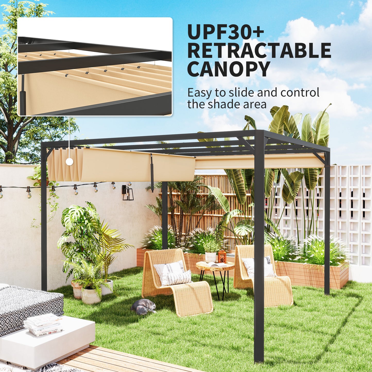 Pergola aluminiowa Outsunny 3 x 3 m z rozsuwanym dachem i ścianą w kolorze khaki