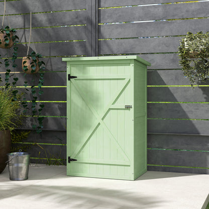 Outsunny Drewniany mały domek, ogrodowy domek do przechowywania z półkami i ryglem, 75L x 56W x 115H cm, zielony