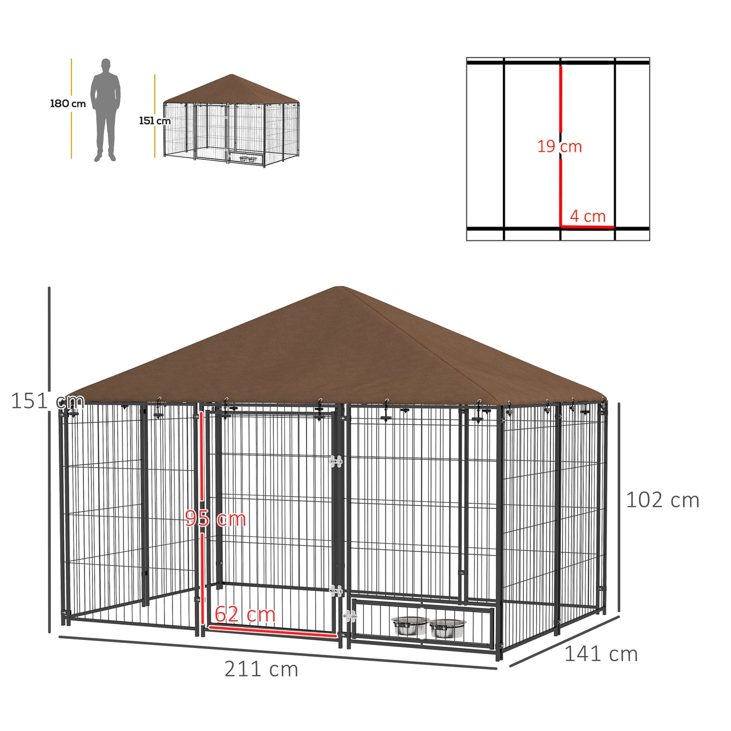 PawHut Outdoor Dog Kennel Puppy Play Pen z baldachimem Garden Playpen Fence Crate Enclosure Cage Rotating Bowl 211 x 141 x 151 cm