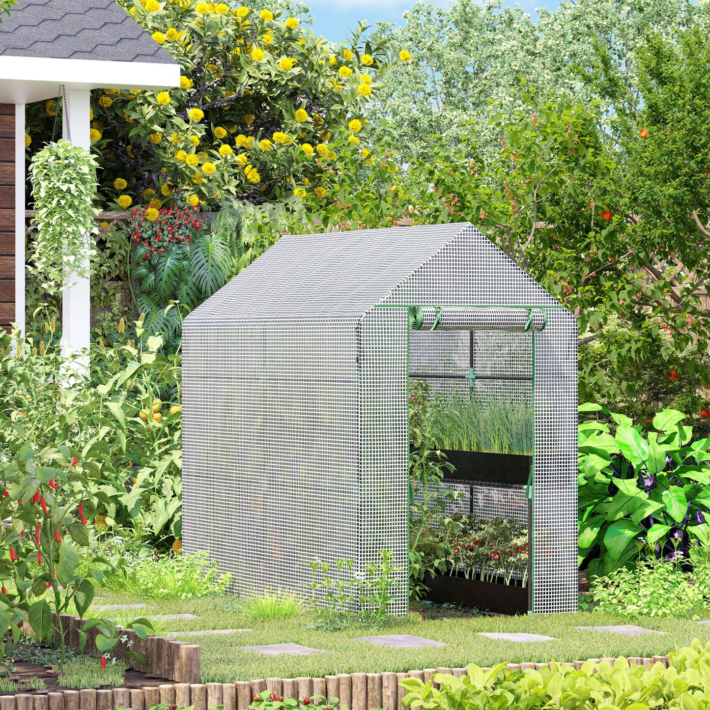Outsunny Walk In Greenhouse z 2-poziomowymi półkami, zwijane drzwi z panelem Zip, ogrodowy tunel foliowy Steeple Grow House na zewnątrz, 6 x 4 x 6 stóp, biały