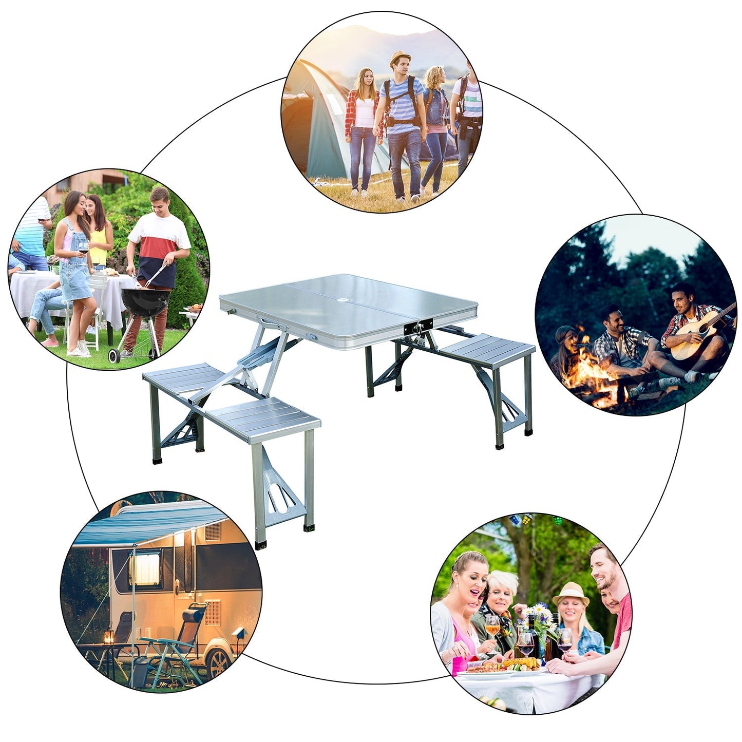 Outsunny Portable Folding Camping Picnic Table and Chairs Stools Set Party Field Kitchen Outdoor Garden BBQ Aluminium