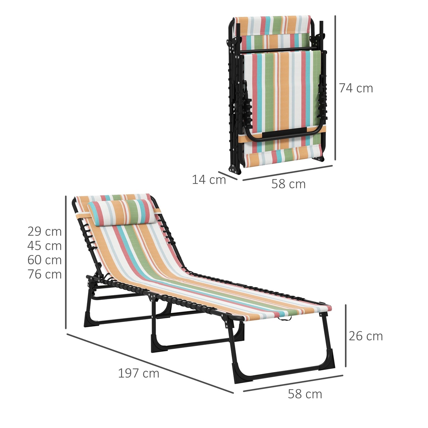 Outsunny 2 Piece Folding Sun Lounger Beach Chaise Chair Garden Cot Camping Recliner with 4 Position Adjustable Multicolored