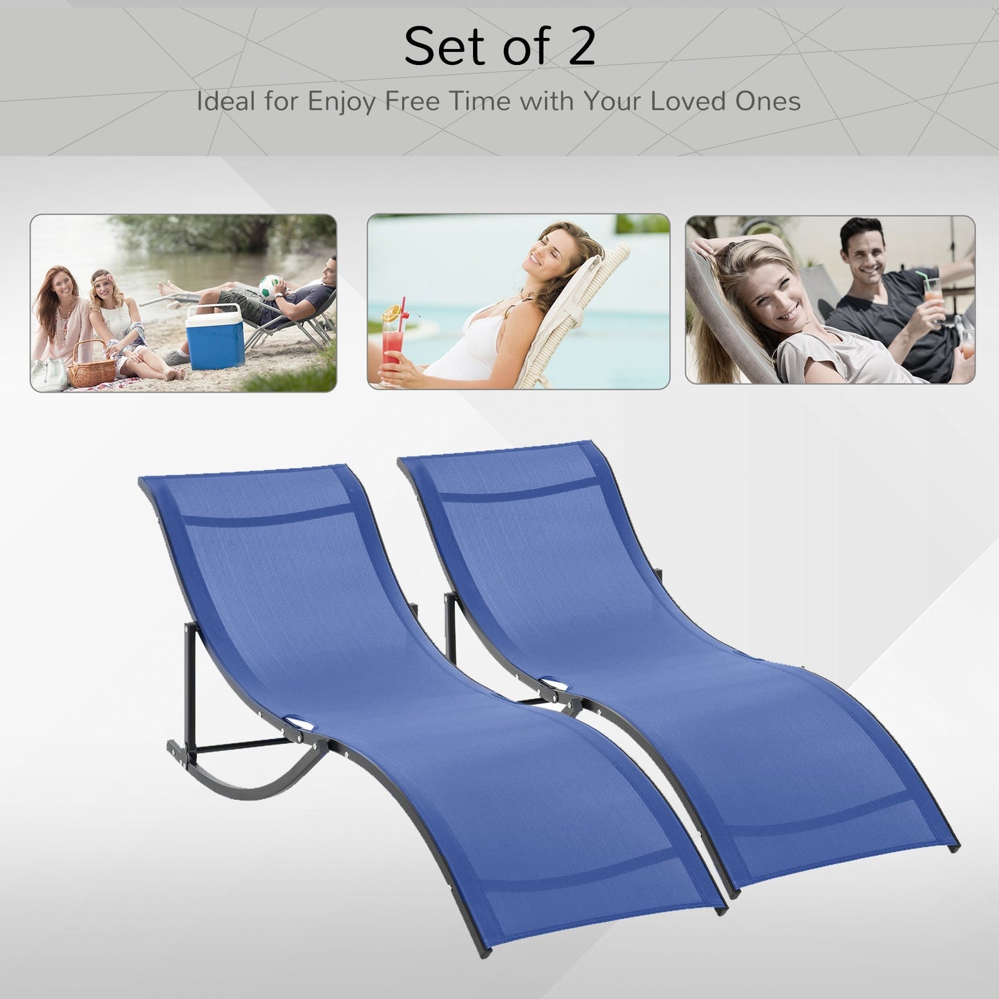 Set of 2 S-shaped Foldable Lounge Chair Sun Lounger Reclining Outdoor Chair for Patio Beach Garden Blue