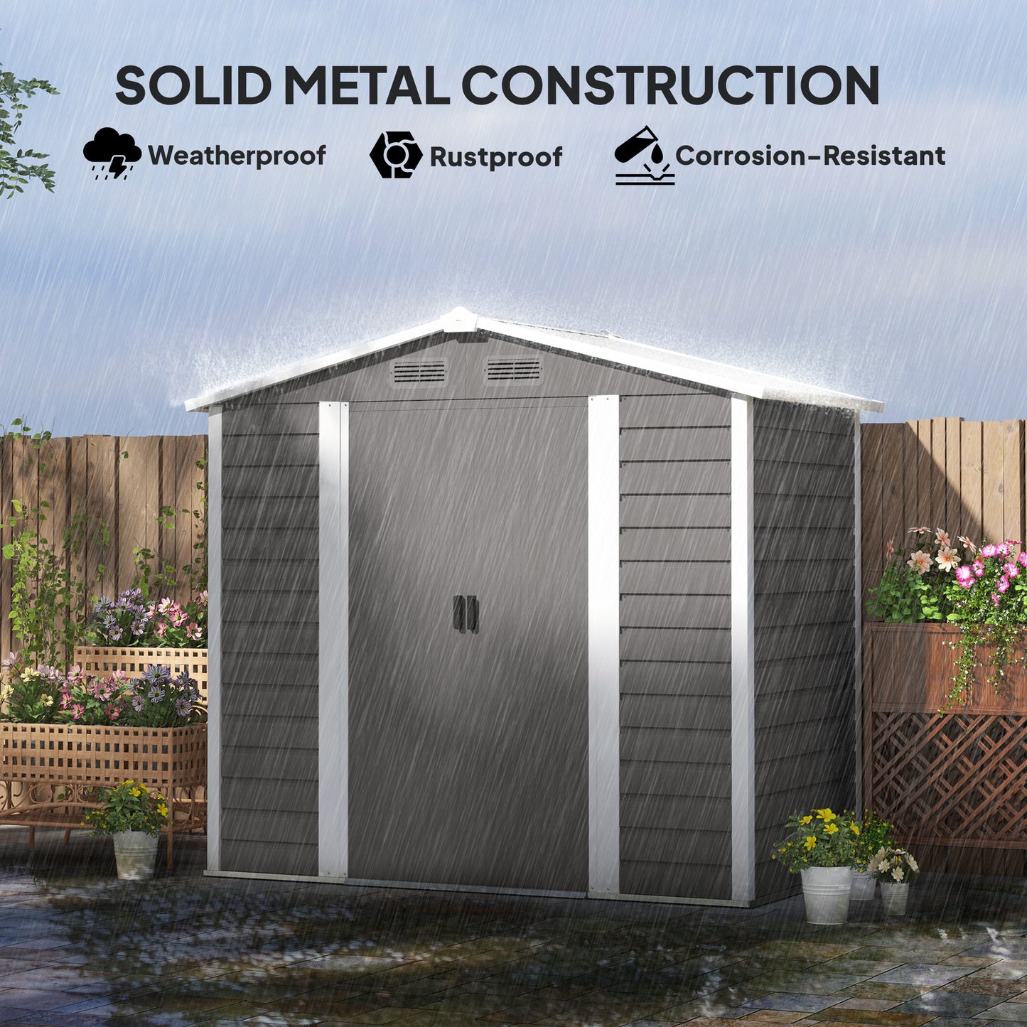 Outsunny 7 x 4ft Garden Shed, łatwy w montażu, ulepszona ocynkowana stalowa rama z zestawem fundamentowym, podwójne drzwi z zamkiem, metalowa szopa zewnętrzna z otworami wentylacyjnymi i rękawicami, ogrodowa szopa magazynowa, jasnoszary
