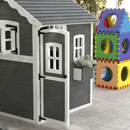 Outsunny Wooden Playhouse for Kids with Doors, Windows, Plant Box, Floors, for 3-8 Years Old, Garden, Lawn, Patio, Grey