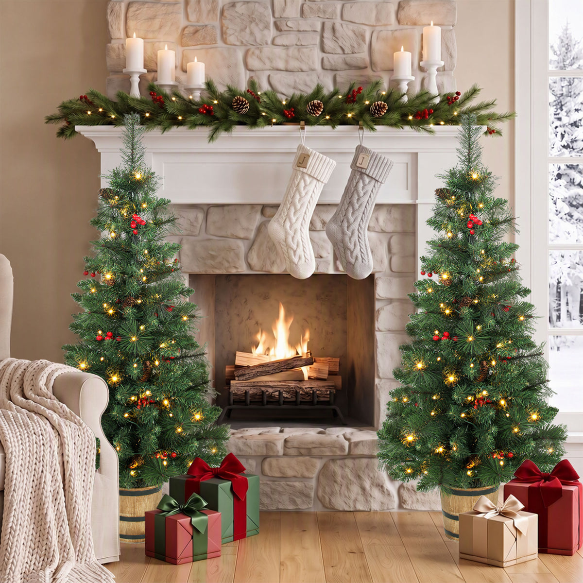 HOMCOM 2 PCs Prelit Christmas Trees with Dual-Colour LEDs, Berry, Pinecones, Battery-Operated, 11 Modes, Pot, Remote, 4ft