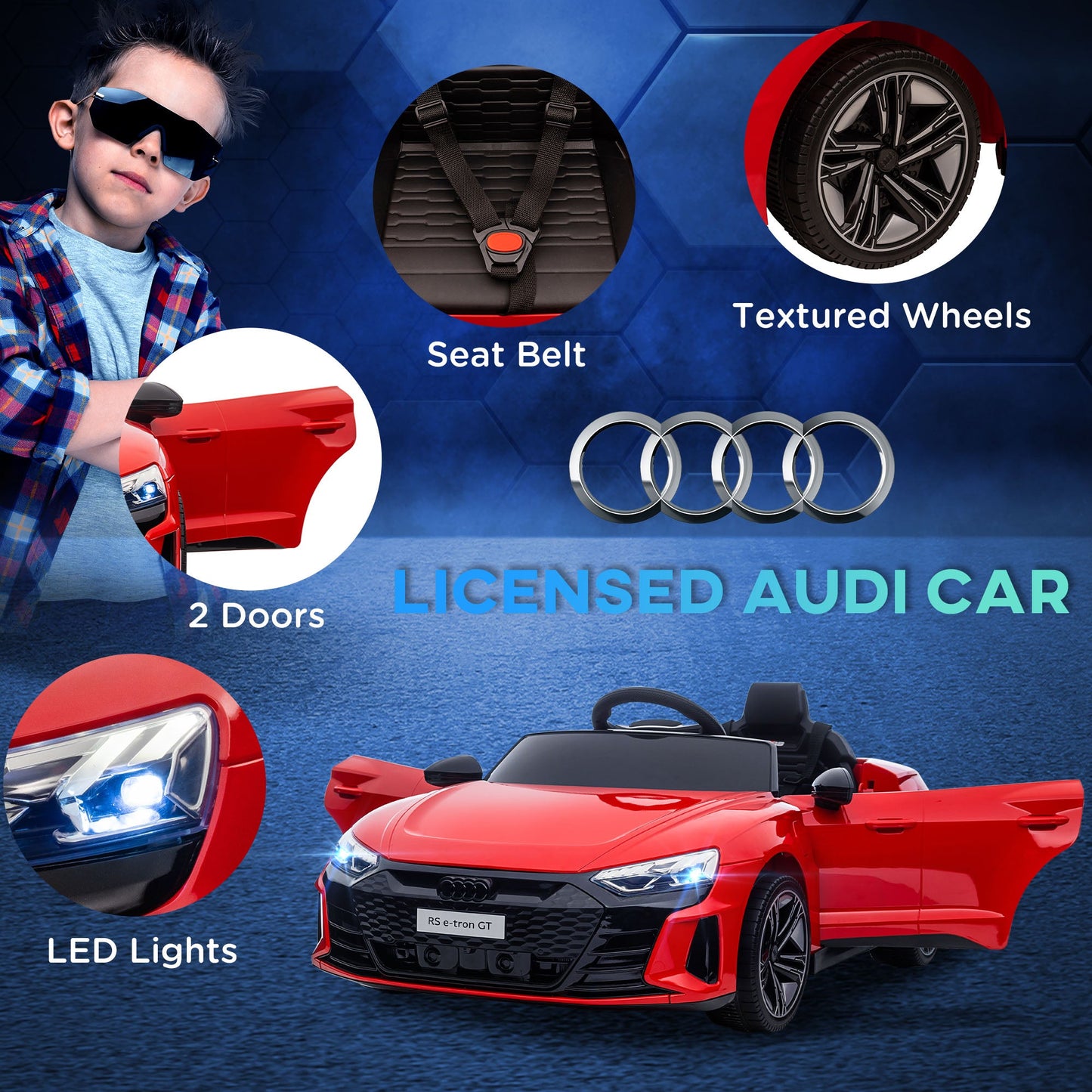 HOMCOM Audi Licencjonowany 12V Elektryczny Jeździk Dla Dzieci, Z Pilotem, Systemem Zawieszenia, Światłami, Muzyką, Silnikiem - Czerwony