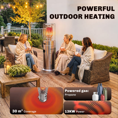 Outsunny Gas Patio Heater, 13 kW Stainless Steel Portable Propane Outdoor Heater with Pulse Ignition, Tip-over Protection, Silver