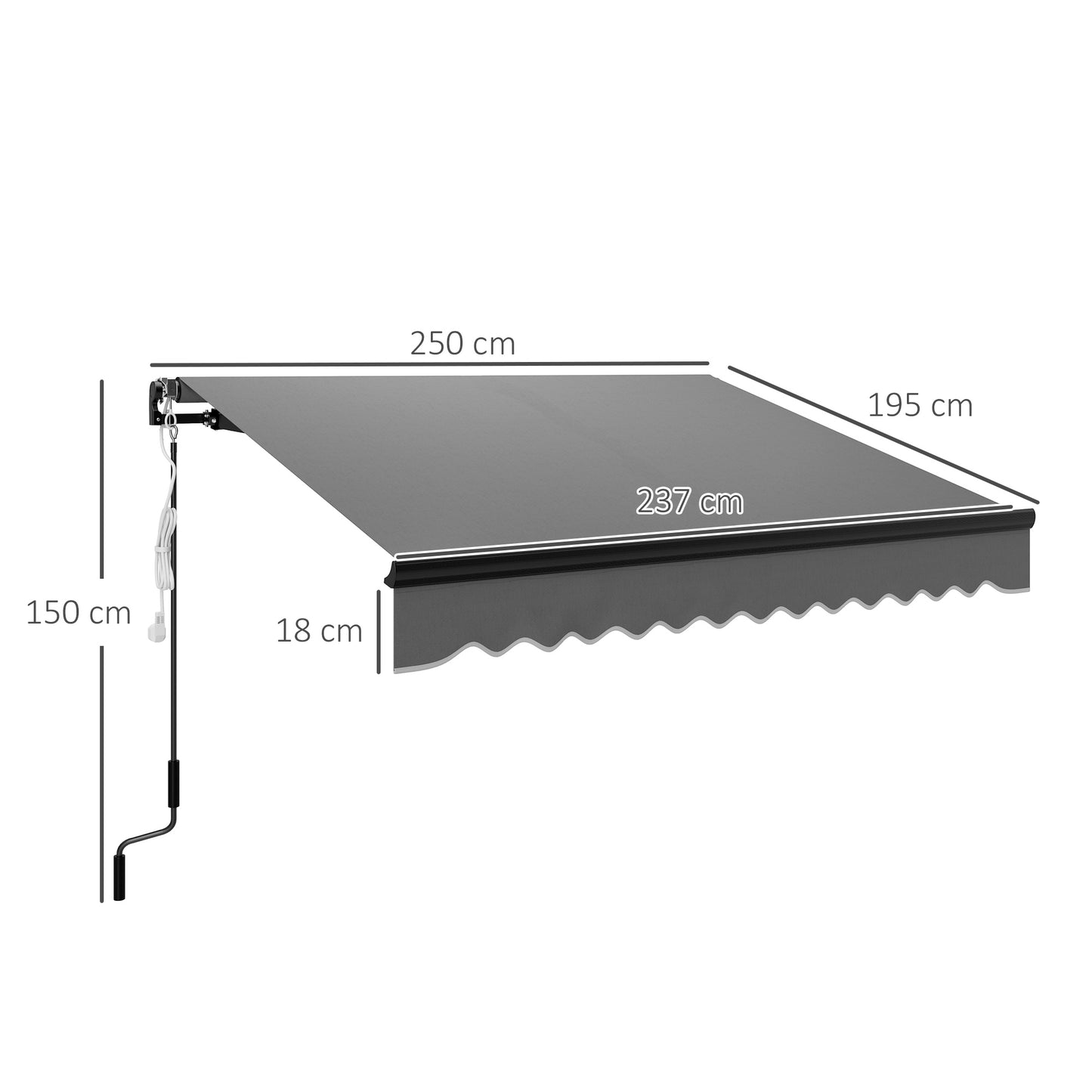 Outsunny 2,5 x 2 m markiza elektryczna z oświetleniem LED i pilotem, aluminiowa rama, markiza zwijana DIY, daszek przeciwsłoneczny UV50+ do drzwi tarasowych i okien, ciemnoszary