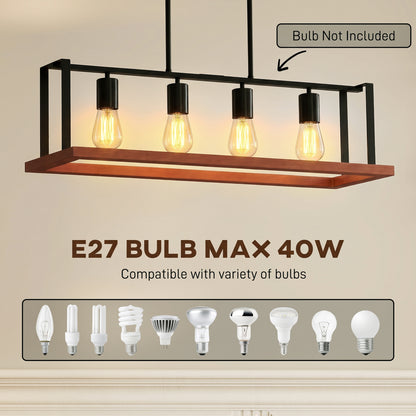 HOMCOM 4-Light Pendant, Industrial Hanging Fixture with Adjustable Height for Dining Room, Black, (E27 Base, NO Bulbs)