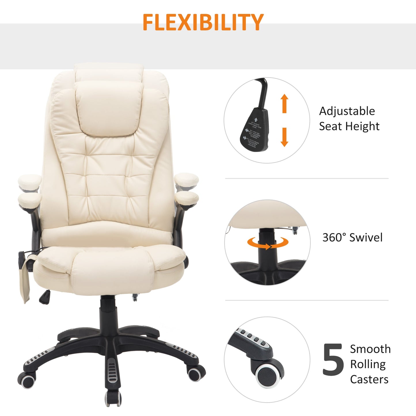 HOMCOM Heated Massage Office Chair, PU Leather Executive Office Chair with High Back, Tilt and Reclining Function, Beige