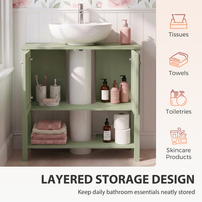 HOMCOM Under Sink Bathroom Cabinet with 2 Doors, Open Shelf and U-Shape Cut-Out for Basin with or without Pedestal, Green