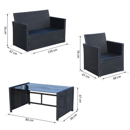 Outsunny 4 Pieces PE Rattan Garden Sofa Set with Cushions, Outdoor Patio Wicker Weave Conservatory Furniture Set with a Loveseat, 2 Armchairs and a Glass Top Coffee Table, Black