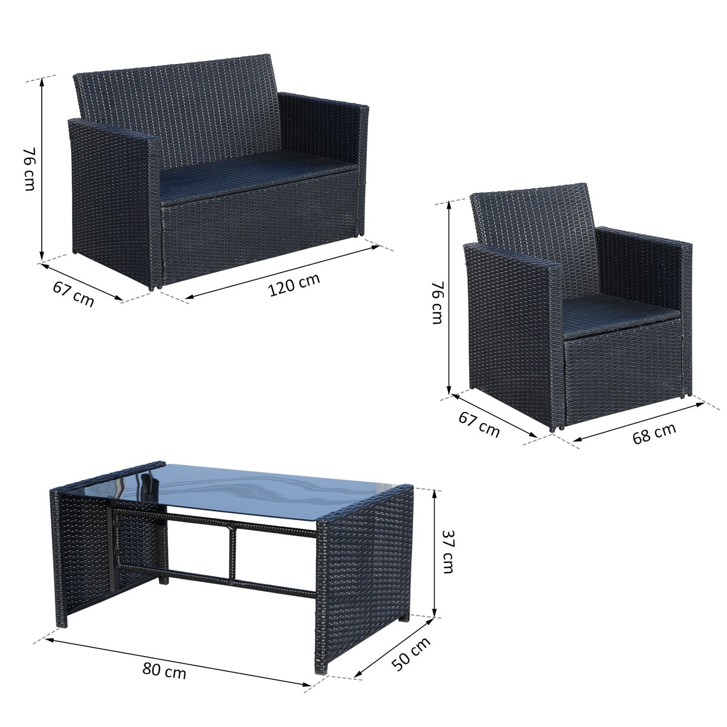 Outsunny 4-Seater Rattan Sofa Set Garden Furniture Wicker Weave 2-seater Bench Chair & Coffee Table Conservatory Furniture, Black