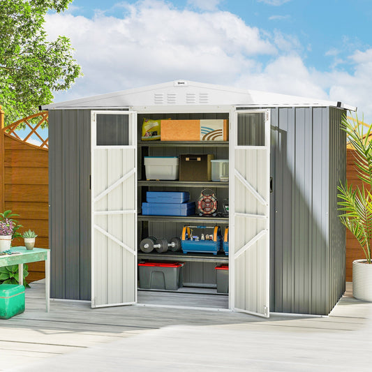 Outsunny 8 x 4 ft Metal Garden Shed, Garden Storage Shed with Window, 4 Vents and Lockable Door, Waterproof Galvanised Steel Tool Storage Shed, Light Grey