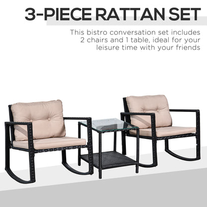 2 Seater Rattan Rocking Set Patio Bistro Table Chairs Conversation w/ Cushion