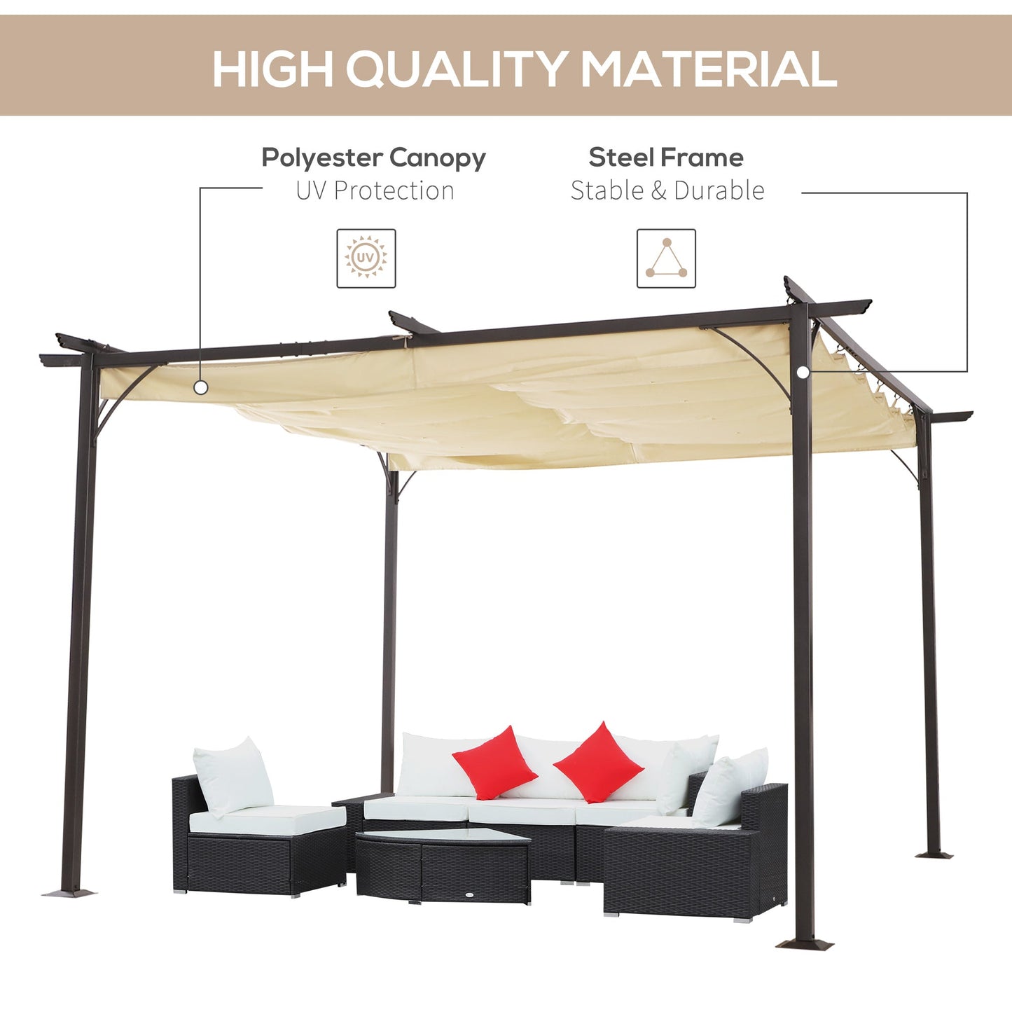 مظلة Outsunny 3.5MX 3.5M معدنية Pergola Gazebo مظلة قابلة للسحب في الهواء الطلق والحديقة والشمس والمأوى وحفلات الشواء، بيج