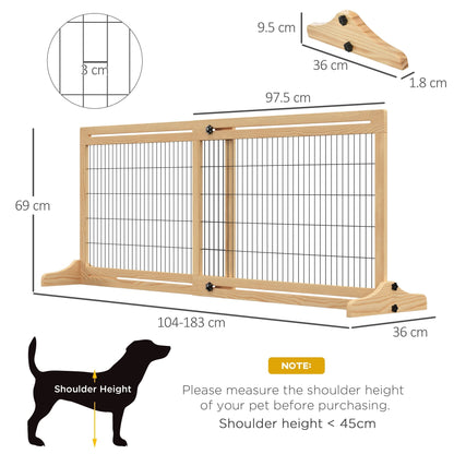 PawHut Freestanding Dog Gate, Foldable Pet Fence, Indoor Wood Barrier, Stair Gate with Support Feet, for Doorway, Hallway, Small and Medium Dogs, 69H x 104-183 cm, Natural Wood Finish