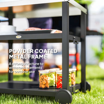 Outsunny Outdoor Grill Dining Cart 3-półkowy ruchomy stół do pieczenia pizzy ze stalowym blatem, przenośny wózek do grilla, stacja do przygotowywania żywności na zewnątrz, kuchnia, stacja do grillowania z haczykami, kółka, uchwyt, antracytowy
