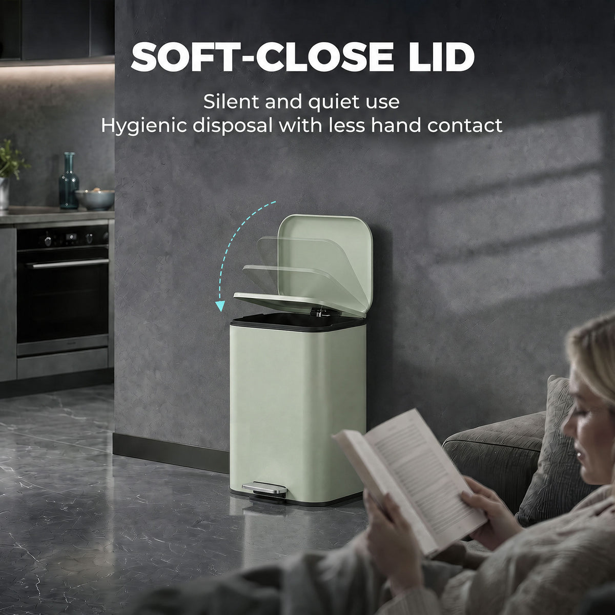 HOMCOM 20 L Kitchen Pedal Bin, Metal Rubbish Bin with Removable Inner Bucket, Soft-Close & Stay-Open Lid, Light Green