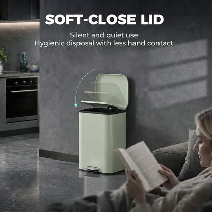 HOMCOM 20 L Kitchen Pedal Bin, Metal Rubbish Bin with Removable Inner Bucket, Soft-Close & Stay-Open Lid, Light Green