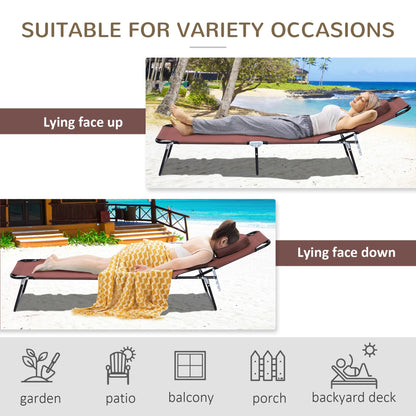 Outsunny Outdoor Folding Sun Lounger with Face Hole, 4 Level Adjustable Backrest Reclining Garden Lounger, Garden Recliner Sunbed with 600 D Oxford Cloth Seat and Pillow for Beach, Brown