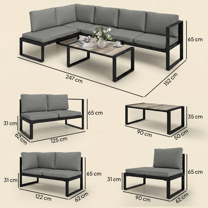 Outsunny 4 Piece Garden Furniture Set, Garden Sofa Set with 2 Loveseats, Armless Chair, Coffee Table for Balcony, Dark Grey