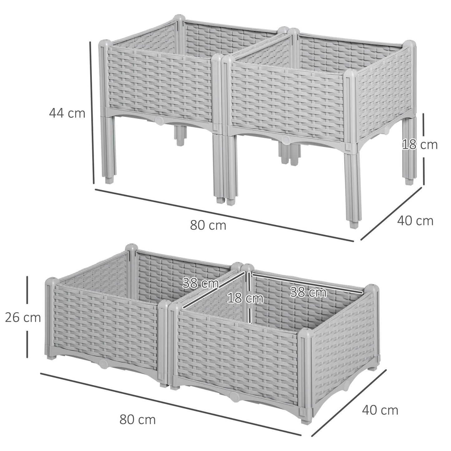 Outsunny Set of 4 Garden Raised Bed Elevated Patio Flower Plant Planter Box PP Vegetables Planting Container, Grey