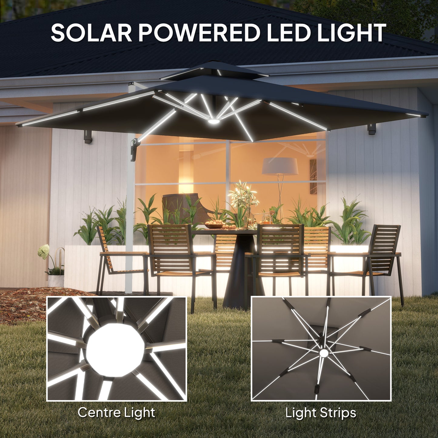 Outsunny 3(m) Parasol ogrodowy z wysięgnikiem i lampami LED zasilanymi energią słoneczną, podstawa krzyżowa, obrót 360√Ç¬∞, korba i pochylenie, szary