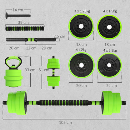 SPORTNOW 30kg 6-in-1 Adjustable Weight Dumbbells Set, Barbell, Kettlebell, Push Up Stand - Green