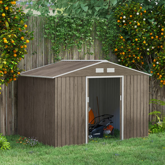 Outsunny 9 x 6ft Garden Metal Storage Shed, zewnętrzny domek narzędziowy z otworami wentylacyjnymi, fundamentem i zamykanymi podwójnymi drzwiami, brązowy