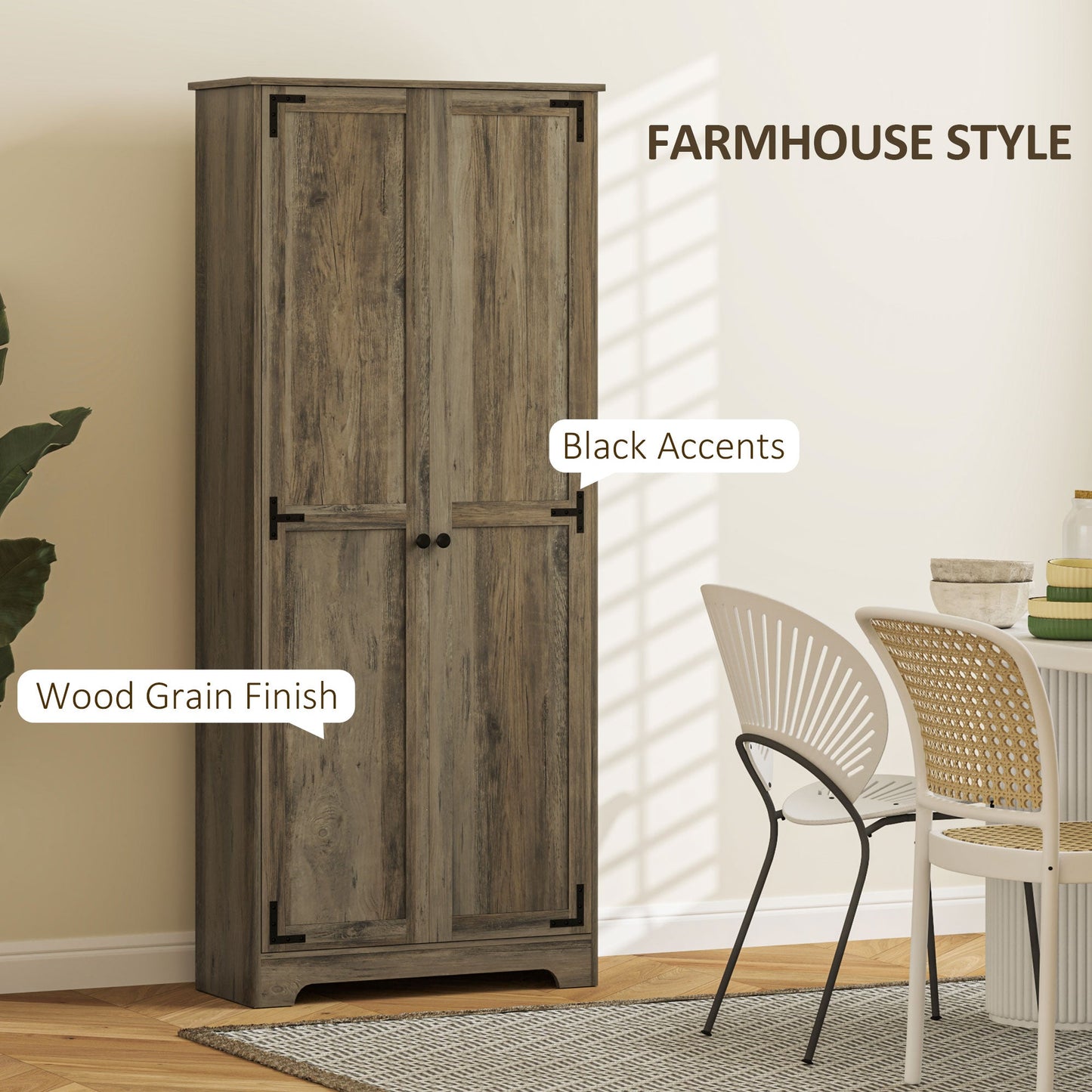 HOMCOM Farmhouse Kitchen Cupboard, Freestanding Kitchen Storage Cabinet with Adjustable Shelves, Tall Storage Cabinet with Recessed Doors, Grey Wood-Effect