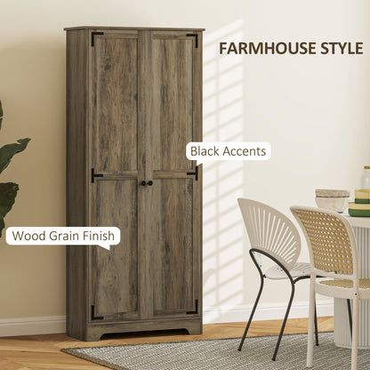 HOMCOM Farmhouse Kitchen Cupboard, Freestanding Kitchen Storage Cabinet with Adjustable Shelves, Tall Storage Cabinet with Recessed Doors, Grey Wood-Effect