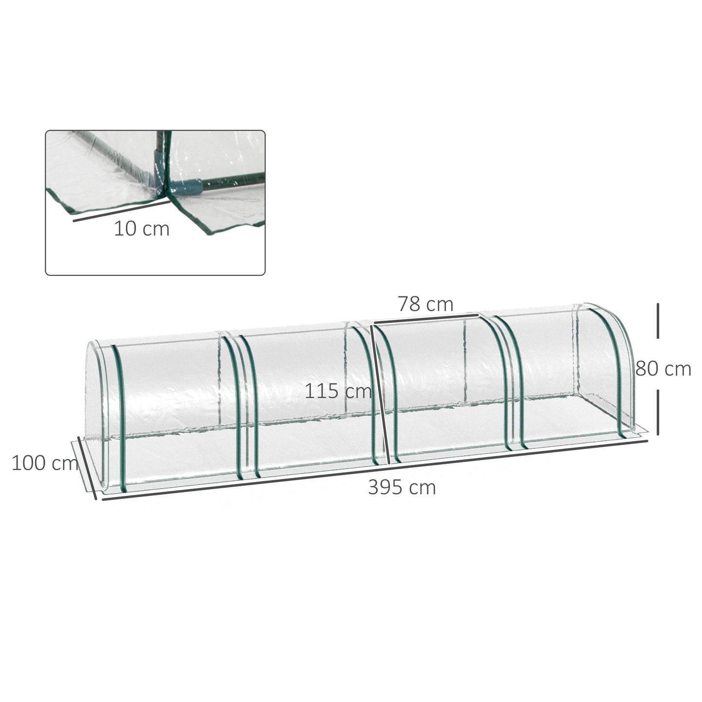 Outsunny PVC Tunnel Greenhouse Green Grow House Steel Frame for Garden Backyard with Zipper Doors 395 x 100 x 80cm, Clear