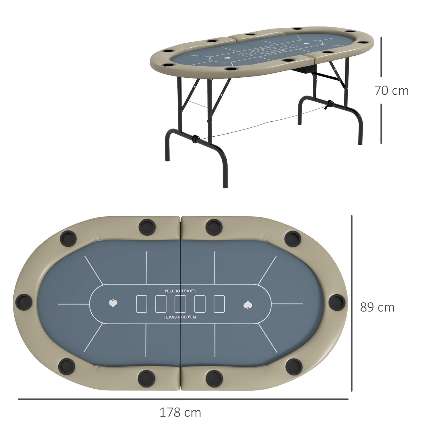 SPORTNOW 10 Player Folding Poker Table, with Cup Holders, Cushioning Edge, Brown and Blue