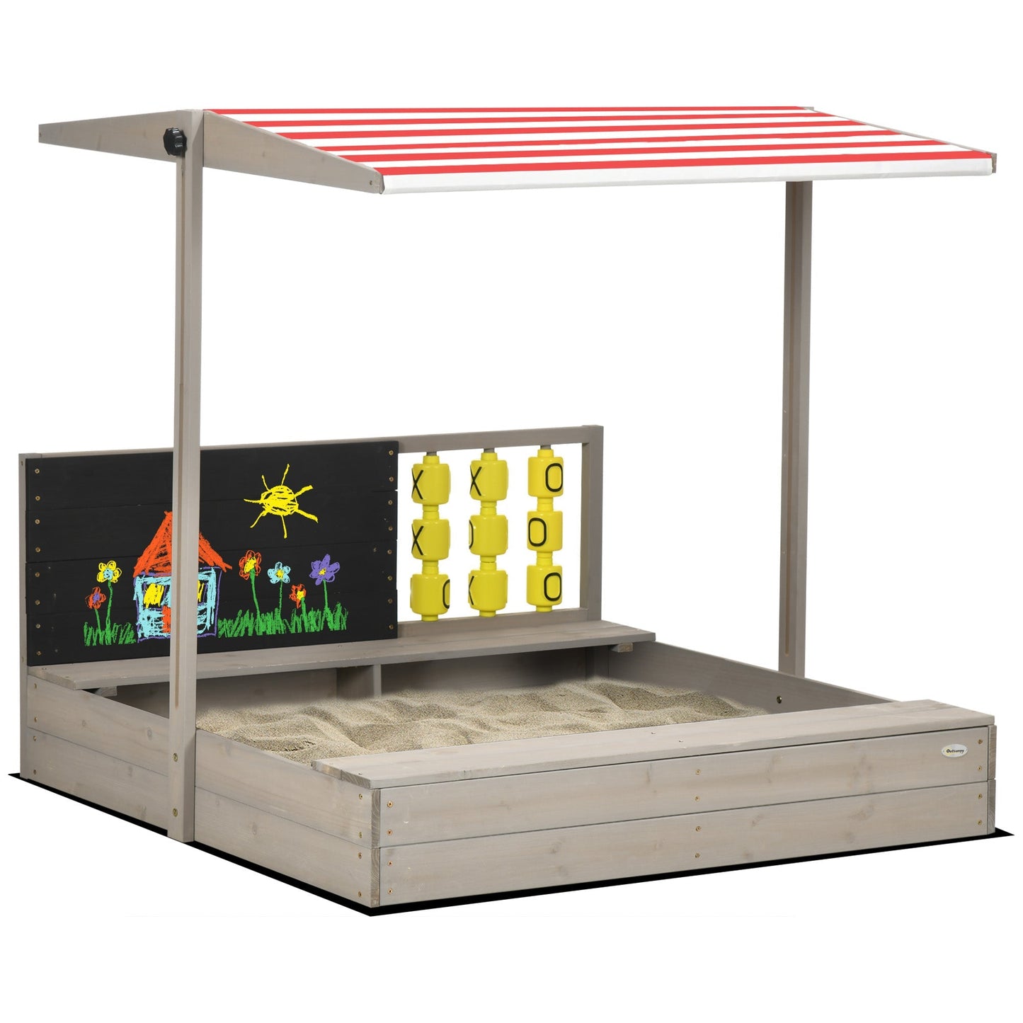 Outsunny Kids Wooden Sandpit, Sandbox with Canopy & Seats, for Gardens - Grey