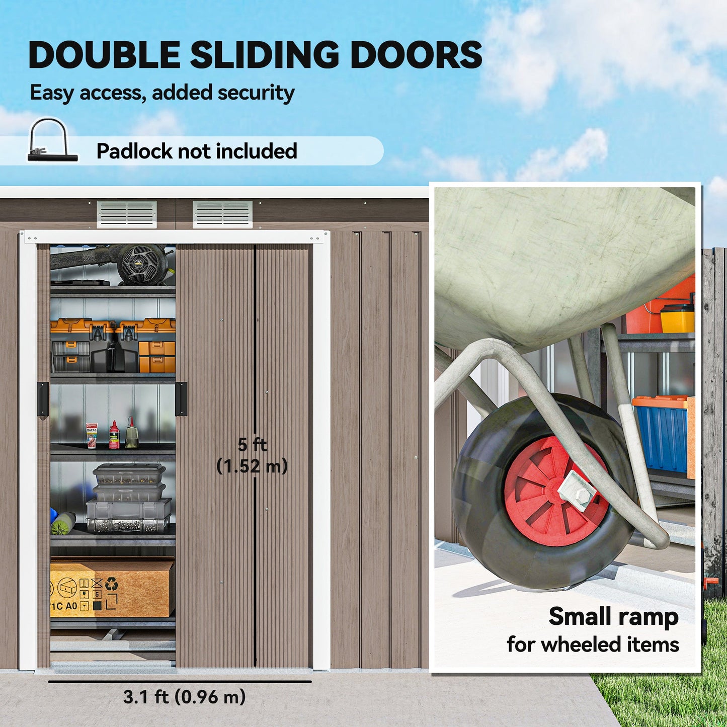 حظيرة حديقة معدنية من Outsunny مقاس 9 أقدام × 4 أقدام، منزل أدوات خارجي مع مجموعة أساس، فتحات تهوية وأبواب مزدوجة، حبيبات خشبية رمادية فاتحة