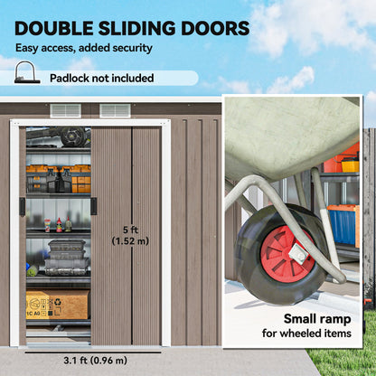 حظيرة حديقة معدنية من Outsunny مقاس 9 أقدام × 4 أقدام، منزل أدوات خارجي مع مجموعة أساس، فتحات تهوية وأبواب مزدوجة، حبيبات خشبية رمادية فاتحة
